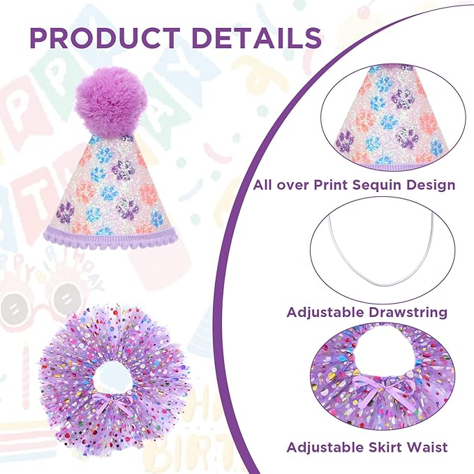 Dog Birthday Bandana with Hat and Dress Girl Set Puppy Birthday Party Supplies Cute Tutu Skirt Outfit for Small Medium Large Dogs Decorations(Purple) (Light Purple)