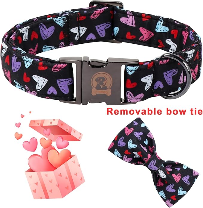 Valentines' Black Dog Collar with Bowtie, Cute Red Heart Pattern Durable Pet Collar with Metal Buckle, Adjustable Puppy Collar for Small Medium Large Dog