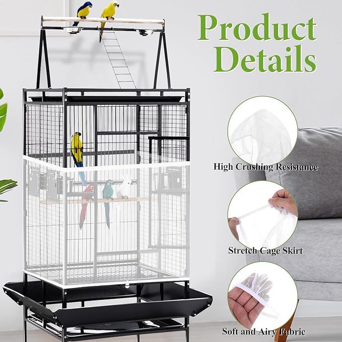Universal Bird Cage Cover Skirt - Adjustable Soft Airy Nylon Mesh Net, Seed Catcher, Guard for Parrot, Parakeet, Macaw - Round & Square Cages (White)