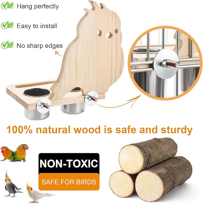 Feeder with Acrylic Mirror & Stainless Steel Bowls, Natural Wood Perch, Cage Accessories, Parakeet Cage Supplies, Tool-Free Adjustable Kit for Parakeet, Cockatiel & Lovebird