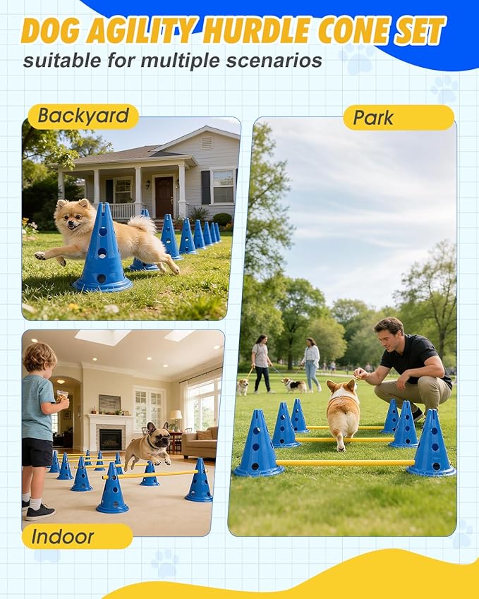 Dog Agility Hurdle Cone Set, Dog Agility Course Backyard Set with Height Adjustable Crossbar for Rehabilitation & Beginners, Dog Agility Equipment for Dog Obstacle Course Training Starter - 12 Inch