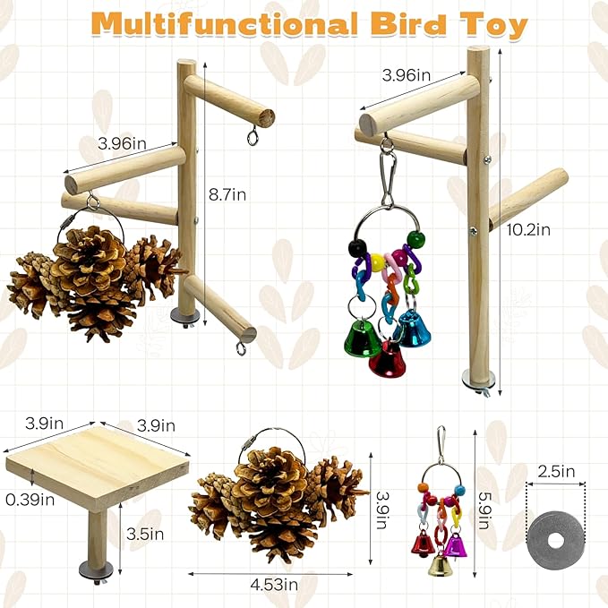 PINVNBY 3 PCS Wooden Small Bird Playground for Top of Cage, Wood Parrot Stands Perch Birds Gym with Hanging Chewing Toys Bird Cage Accessories for Parakeet Conure Love Birds Budgie