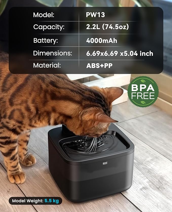 oneisall Wireless Cat Water Fountain: 74oz/2.2L Cordless Pet Water Fountains, 4000mAh Battery Operated Ultra-Quiet Integrated SilentFlow™ Pump for Cats Indoor, Automatic Cat Water Dispenser, BPA-Free