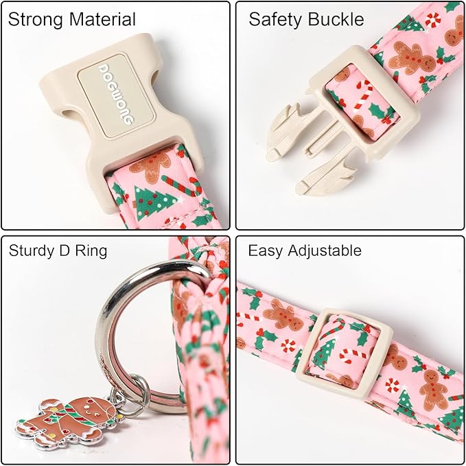 DOGWONG Christmas Dog Collar, Pink Gingerbread Man Pet Dog Collar Cotton Soft Dog Collars Winter Holiday Collars for Small Medium Large Dogs