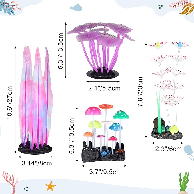 Lpraer 4 Pack Glow Aquarium Decorations Branch Coral Reef Mushroom Seaweed Simulation Glow Plant Glowing Effect Silicone for Fish Tank Decorations