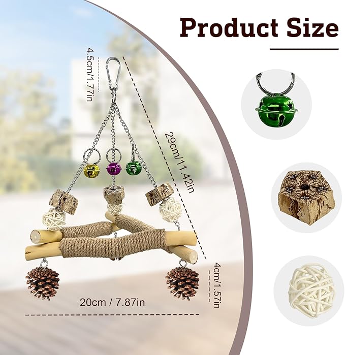 New with Bell! Wooden Bird Swing for Cage, 3-in-1 Hanging Parrot Toy with Chew Toys, 3 Sisal Perches & Stable Triangle Design for Parakeets, Cockatiel, Conures, Lovebirds, Quaker Parrots