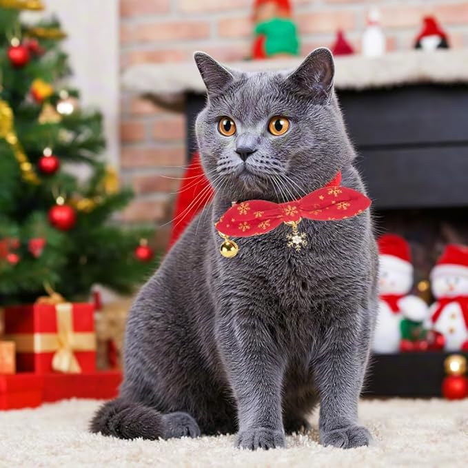Bunny Ear Christmas Bowtie Cat Collar with Bell 2 Pack Cotton Breakaway Snowflakes Holiday Kitten Collars(Red+Green)