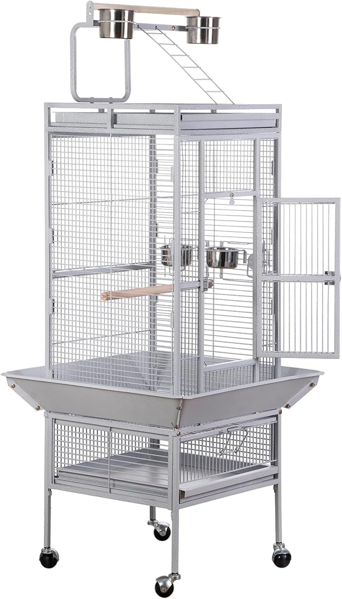 SUPER DEAL PRO 61-inch 2in1 Large Bird Cage with Rolling Stand Playtop Parrot Chinchilla Finch Cage Macaw Conure Cockatiel Cockatoo Pet House Wrought Iron Birdcage, White