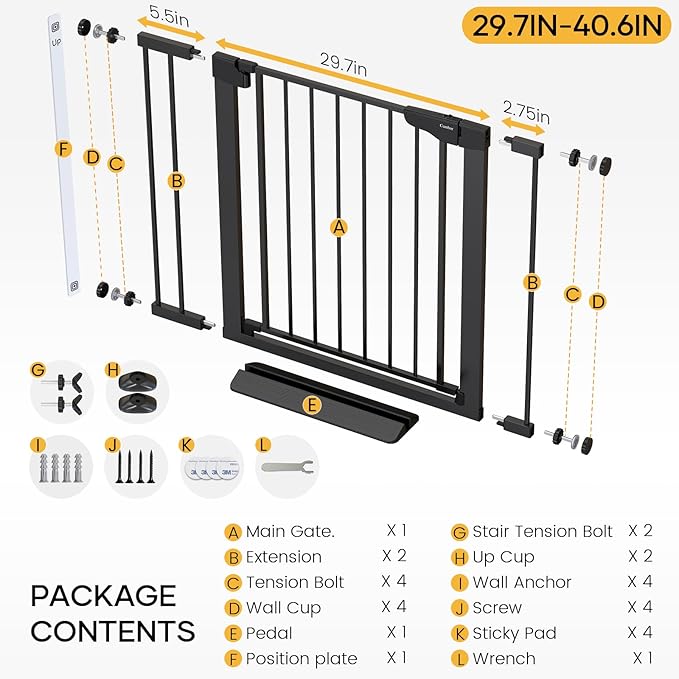 Cumbor 29.7-40.6" Baby Gate for Stairs, Baby Essential Safety Gate, Mom's Choice Awards Winner-Dog Gate for Doorways, Pressure Mounted Auto-Close Pet Gates for Dogs Indoor, Durable Child Gate, Black