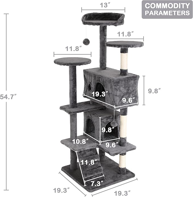 Heavy Duty Cat Tree Tower, 54" Tall, Multi-Level Cat Climbing Tower with Cat Scratching Post, Bed, Hanging Ball, Ashy