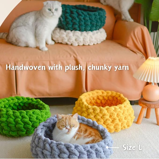 Cat Nest Bed - Premium Self Warming Handwoven Washable Extra Soft Round Cave House for Indoor Kitten & Kitty, Small & Large (Cloud White,Large)