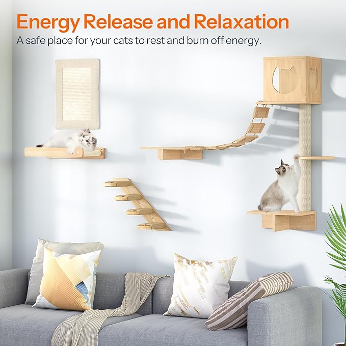 HOOBRO Wood Cat Wall Shelves, Set of 5 Modern Cat Wall Furniture with Corridor, Plush Hammock, Steps, Scratcher and Climbing Shelves for Playing, Sturdy, Durable and Safe, Natural NL45CS03