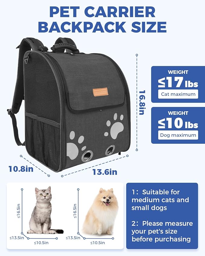 Cat Carrier Backpacks for Kitty Small Dog up to 15 lbs, Lightweight and Foldable Dog Backpack Carrier with Breathable mesh for Travel, Walking, Hiking, Camping and Vet (Black)