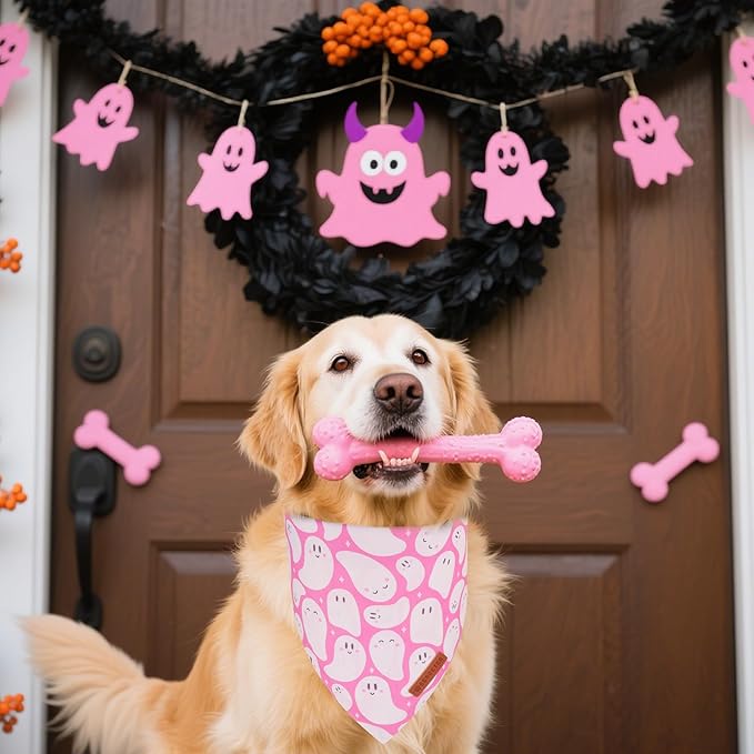 ADOGGYGO Pink Halloween Dog Bandanas 2 Pack, Reversible Ghost Pumpkin Scarf Bib, Adjustable Fit Pink Halloween Bandana for Extra Large Dogs Girl (X-Large)