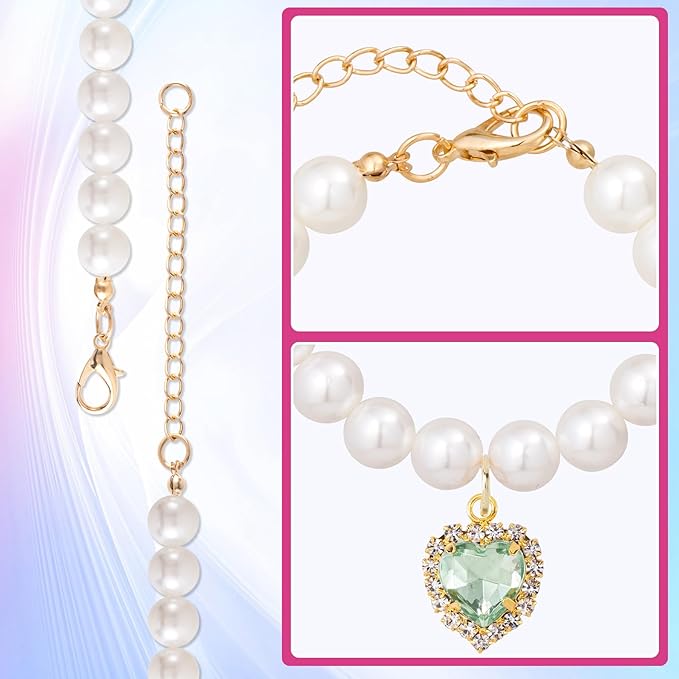 2pcs Cat Pearl Collar with Heart Pendant, Cute Pearl Pet Necklace in Small, Adjustable Wedding Party Small Dog Jewelry Accessories for Puppy Kitten- White & Green