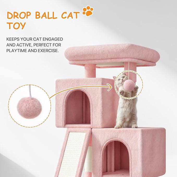 34'' Small Cat Tree with 2 Condos, Sisal Scratching Posts & Board, Multi-Level Climbing Tower for Indoor Cats, Sturdy Light Grey Cat Activity Center - Soft Pink