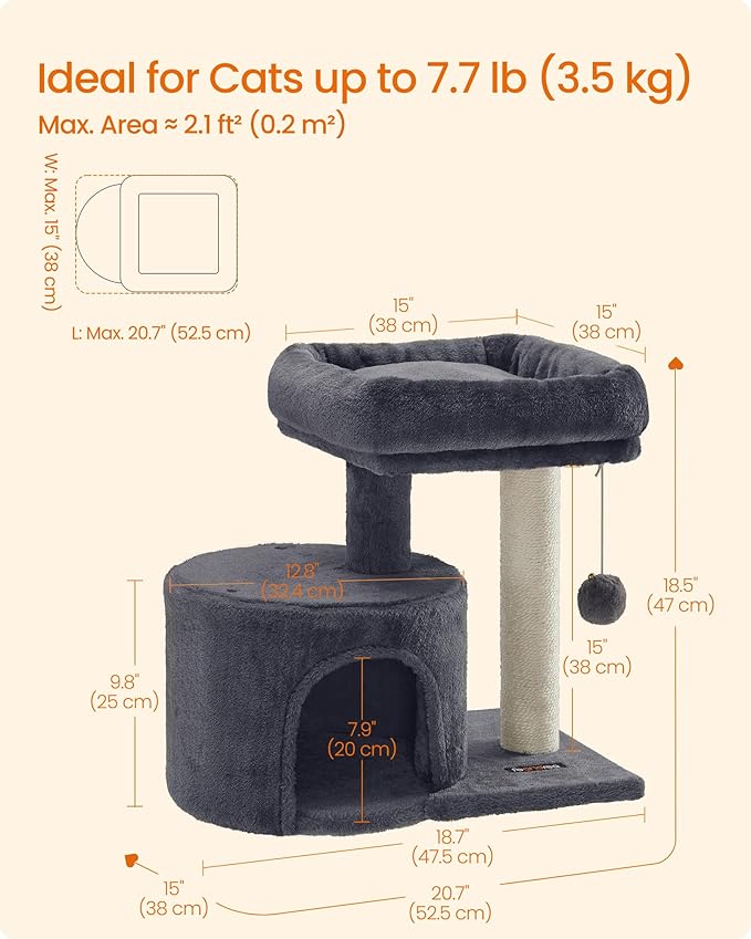 Feandrea Cat Tree, Small Cat Tower with Sisal Scratching Post, Plush Condo with Padded Perch, for Small Spaces, Kittens, Smoky Gray UPCT50G