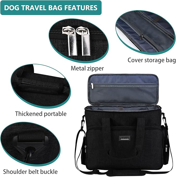BAGLHER Dog Travel Bag, Airline Approved Pet Tote Organizer with Multi-Function Pockets, 2 Food Storage Containers and 2 Collapsible Dog Bowls, Perfect Weekend Pet Travel Set, Black