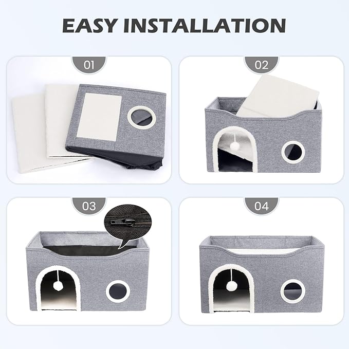 Heeyoo Cat House for Indoor Cats - Large Cat Bed Cave with Fluffy Ball and Scratch Pad, Foldable Cats Houses & Condos, Cat Hideaway, Covered Kitty Bed for Multi Small Large Kitty, 23.8x15.9x13.2 Inch