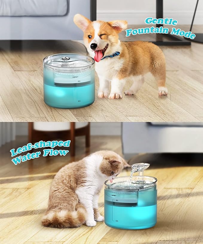 NPET WF100 Cat Foutain, 54oz/1.6L Automatic Cat Water Fountain with Leaf-Shaped kit, Bottom Suction Quiet Pump for Cats & Small Dogs (Fountain+8 Filters +8 Sponges, Blue)