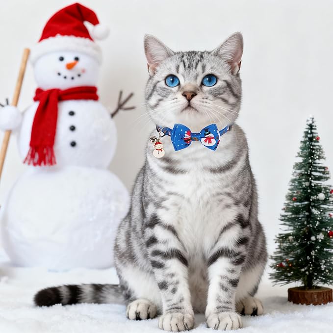 ADOGGYGO Christmas Cat Collar with Bowtie Bell, Removable Kitten Bow, 2 Pack Red Green Santa Snowman Christmas Collars for Cat Kitten