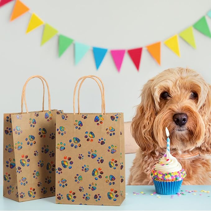 Blulu 20 Pcs Puppy Dog Paw Gift Bags with Paper Twist Handles, Dog Gift Paper Paw Treat Goodie Bags for PET Treat Party Favor, 6.3 x 3.1 x 8.6 Inch(Kraft Backing, Dazzling Paws)