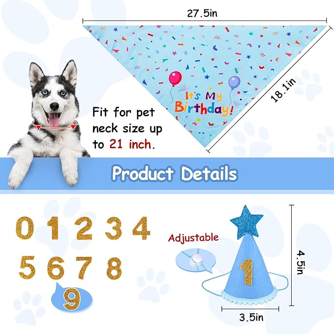 Dog Birthday Party Supplies, Dog Birthday Bandana Set, Dog Boy Girl Birthday Party Hat with Numbers for Large Medium Small Dogs Pet (Blue)
