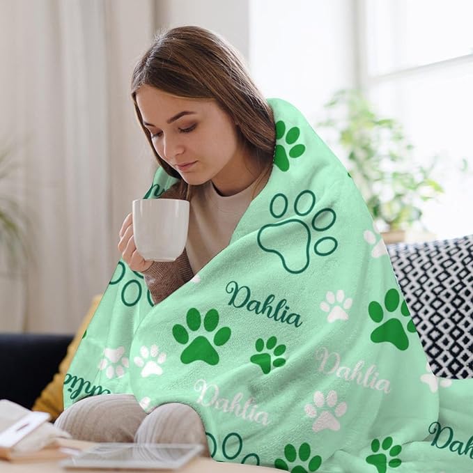 Personalized Paw Print Dog Blanket with Pet Name Face-Custom Puppy Blankets with Picture for Dogs-Customized Dog Memorial Throw Fleece Blanket-Loss of Pets Supplies Sympathy Gift for Bed Sofa Travel