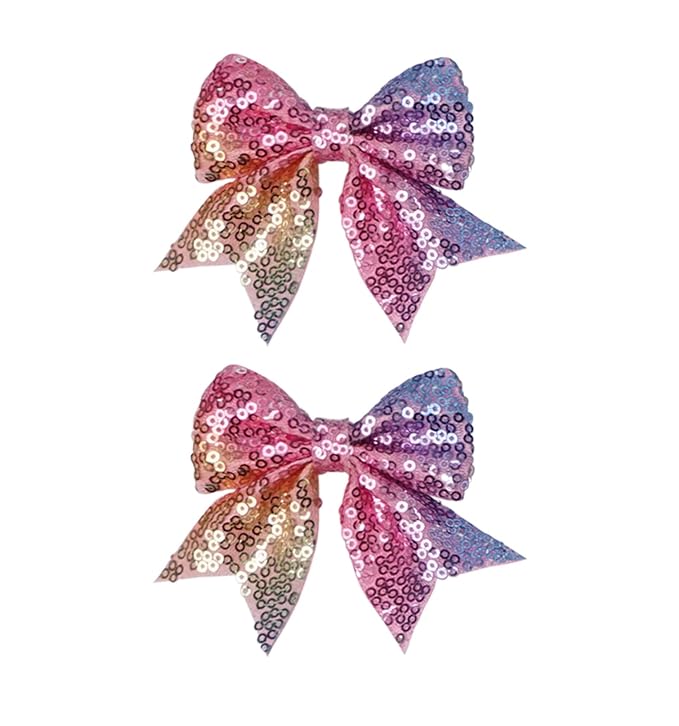 3-inch Sequined Bow Hair Clips For Baby Girls, Toddler, Kids and Young Women Birthday Party Wedding Christmas Occasions Pet Accessories Set of 2 (Rainbow Pink)