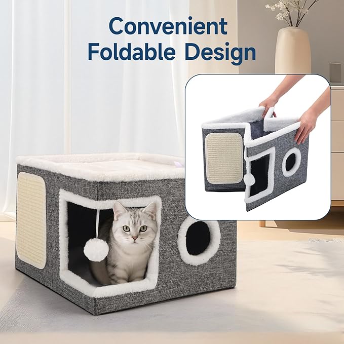 Shikha Cat Beds for Indoor Cats, Large Cat Cave with Cozy Condo, Fluffy Ball, Round Window, Foldable Indoor Cat House Hold Up to 30LBS, Cat Hideaway with Reversible Cushions for All Seasons, Grey