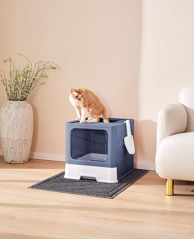 Cat Litter Box with X-Large Litter Mat and Scoop, Large Covered Litter Box with Lid, Enclosed Kitty Box,Front Top Entry Exit, Odor Control Easy to Clean (Upgrade Midnight)