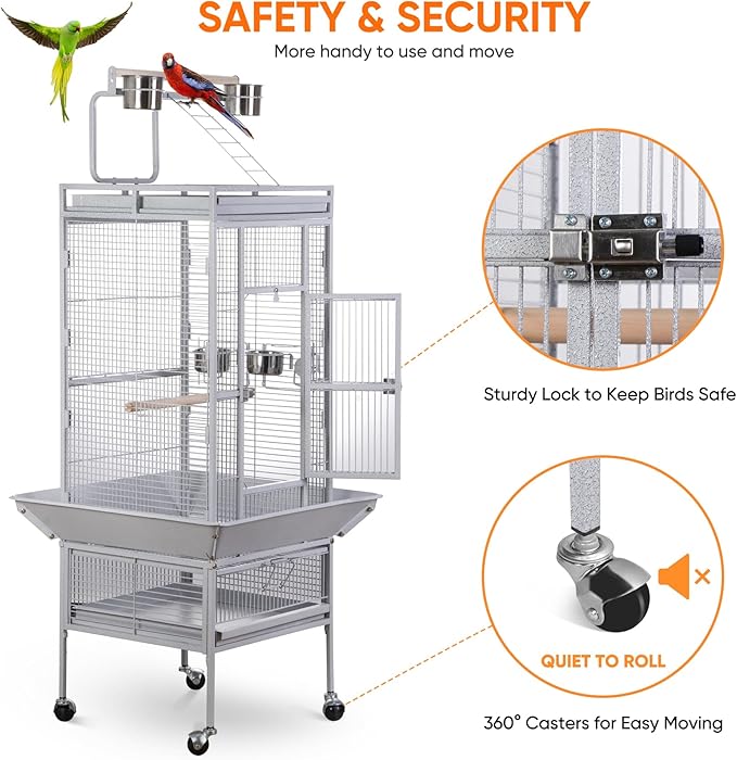 Nova Microdermabrasion 61 Inches Large Bird Cage Play Top Parrot Cockatiel Parakeet Chinchilla Macaw Cockatoo Cage W/Stand Perch Pet Supplies, White