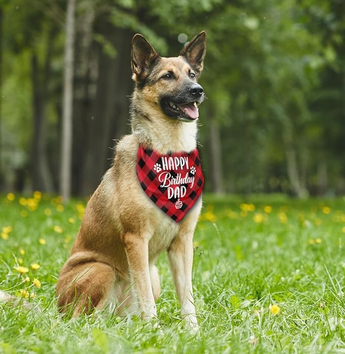 Dog Bandana for Happy Birthday Dad - Classical Plaid Printing Pet Scarf Accessories - Gift for Dad's Birthday Party (K25)