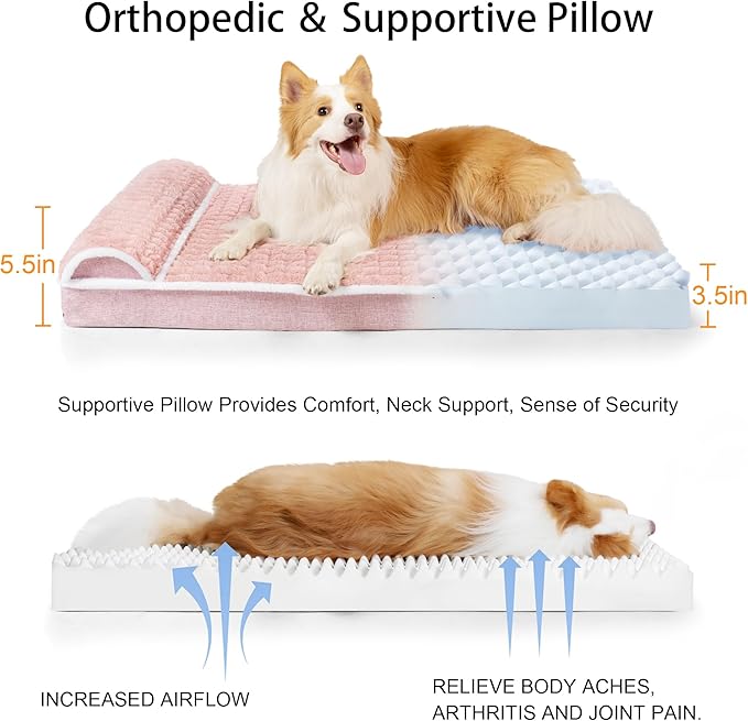 Orthopedic Jumbo Dog Bed Large Sized Dog with Pillow 56''X40'' Waterproof Soft Comfortable Egg Crate Foam Pet Crate Beds Mat with Removable Washable Cover and Non-Slip Bottom, Pink