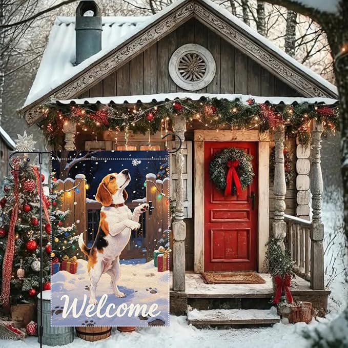 Beagle Dog Welcome Garden Flag 12x18 Inch Double Sided Christmas Burlap Yard Banner for Winter Holiday Outdoor Decor Farmhouse Seasonal Pet Decoration