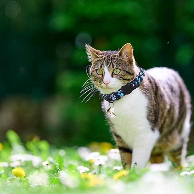 Cat Collar-2 Pack Cat Collars Tennis Balls & Footprint Cat Collar Breakaway with Kitten and Bell Pendant Safety Buckle Pet Collar Cute Cotton Collar for for Cats and Small Pets