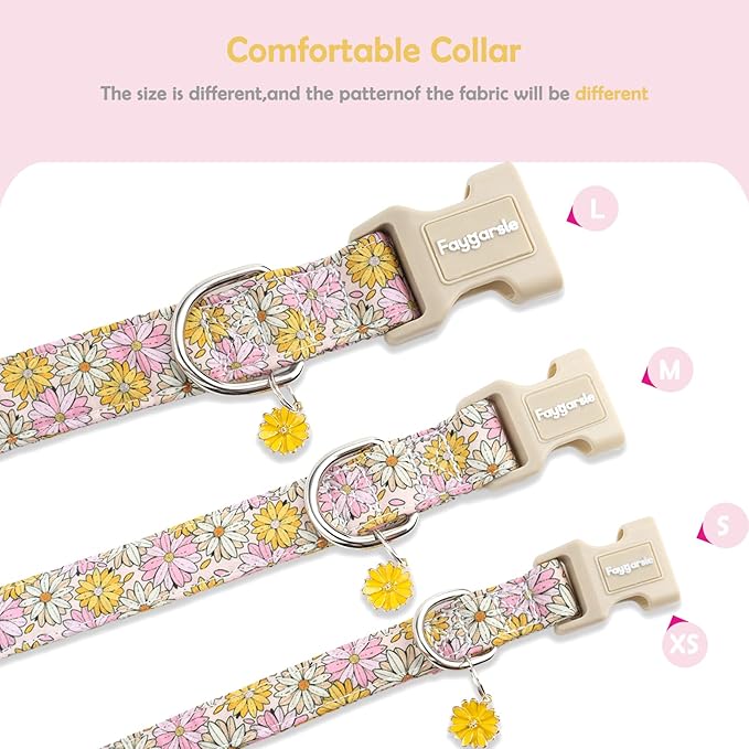 Faygarsle Floral Girl Dog Collar, Cotton Fabric with Daisies Pattern, Pink and Yellow Summer Spring Design for Small Medium Large Dogs S