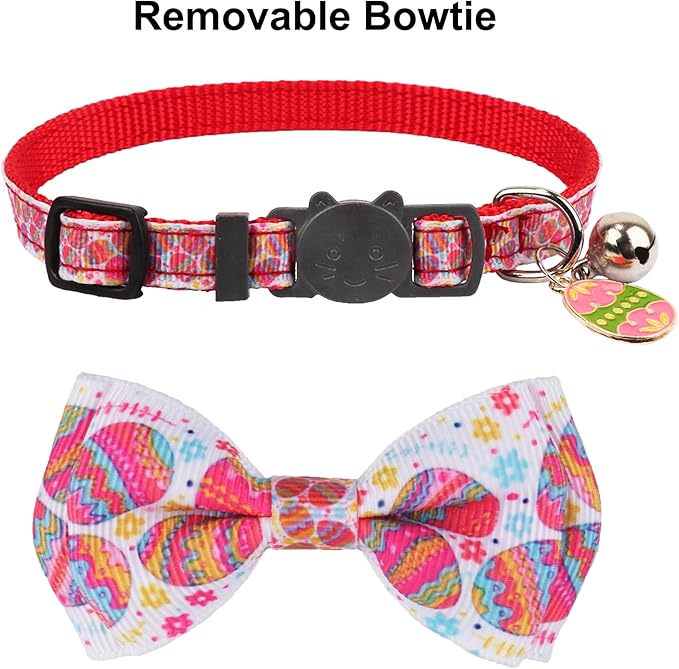 ADOGGYGO Easter Cat Collars with Bow Bell, Breakaway Kitten Bowtie Collar Red Purple Eggs Rabbit Easter Collars for Girl Boy Cats Kittens