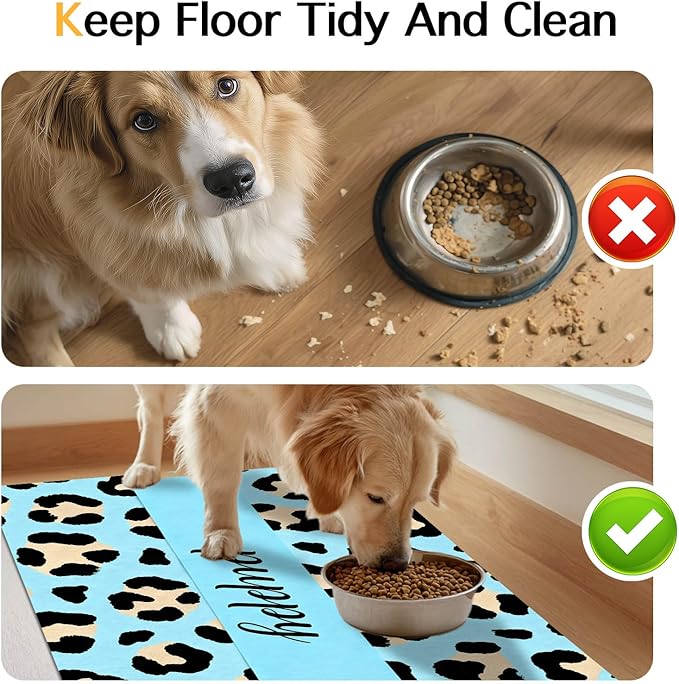 Puppy Feeding Mat 24x16 inch Blue Leopard Print Pet Bowl Placemat Non Slip Floor Mat for Food and Water Indoor Dog Feeding Station Cute Meal Pad for Small Pets Kitchen Use