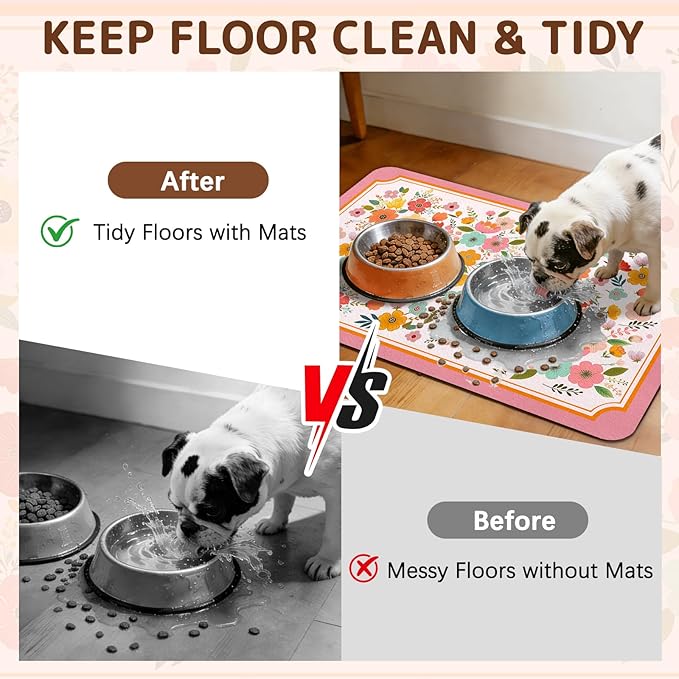 Dog Food Mat for Bowls, Absorbent Quick Dry Dog Cat Mats for Food and Water, Non-Slip Backing Pet Mat Pet Supplies - Pink Floral Pattern
