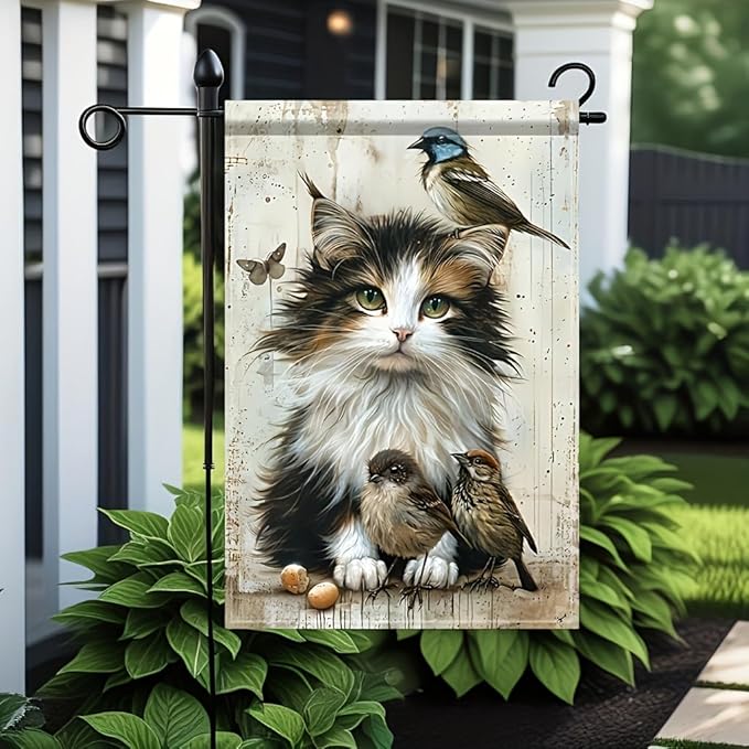 Cat and Birds Garden Flag 12x18 Inch Double Sided Outdoor Yard Banner Fluffy Kitten with Songbirds Design for Spring Summer Porch Lawn Home Decoration