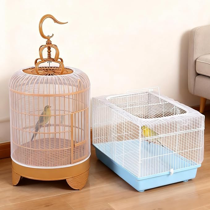 Bird Cage Cover, Circumference 40-68 inches Bird Cage Seed Catcher, White Bird Cage Net Cover, Adjustable Bird Cage Netting for Parrot Enclosures, Round Square Cages