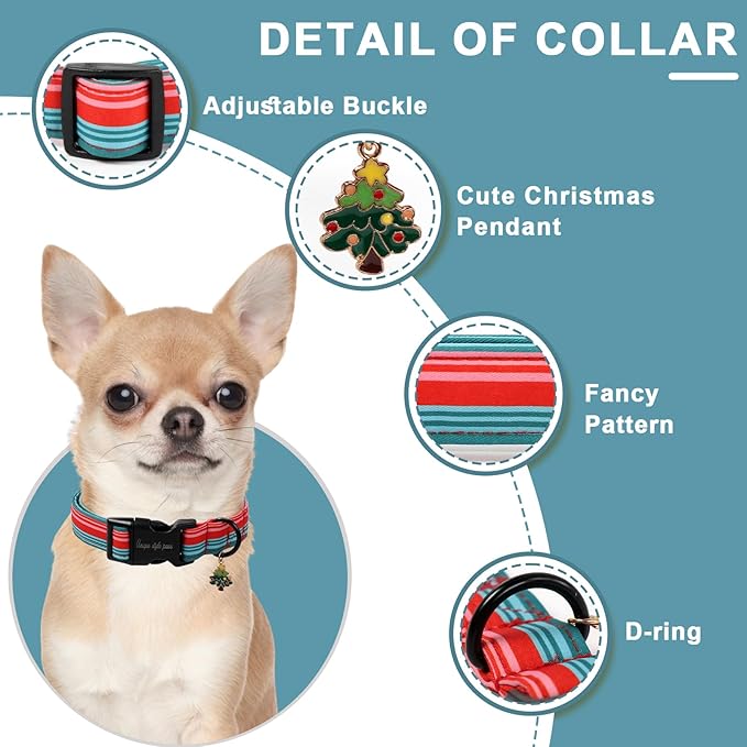 Christmas Dog Collar, Unique Style Paws Red Green Strips Dog Collar for Christmas Comfortable Red Pet Collar with Lightweight Plastic Buckle for Holiday, Fancy Dog Gift