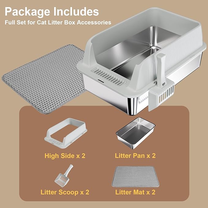 TENTIZON 2 Pack Large Stainless Steel Cat Litter Boxes, Open Top Metal Kitty Litter Tray with High Sides, Litter Mat, Scoop for Indoor Cats, Kitten,Big Cats, No Odor, No Mess, Leak Proof, Easy Clean