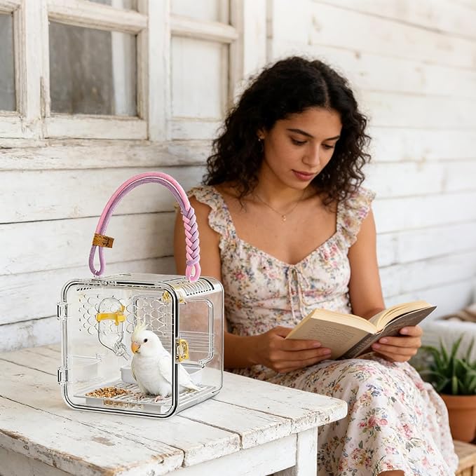 Bird Carrier Travel Cage - Portable Ventilated Parrot Transport Box, Built in Water Bottle Feeding Bowl, Lightweight Secure Small Pet Habitat | Parakeet Carrier for Parakeets Conures Canaries Budgies