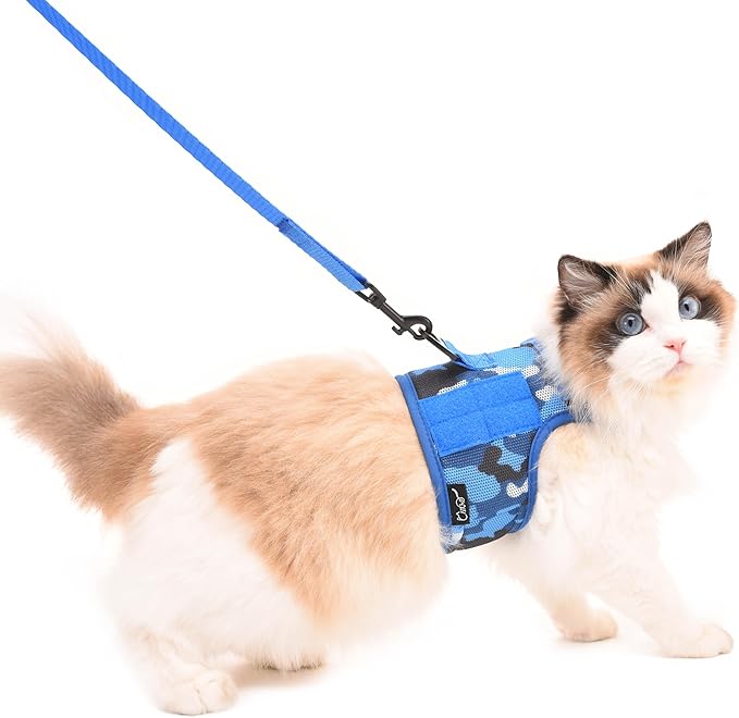 Tactical Cat Harness and Leash for Walking Escape Proof Breathable Mesh Fabric, Ocean Camo, X-Large, Adjustable Cat Walking Jackets, Padded Stylish Cat Vest