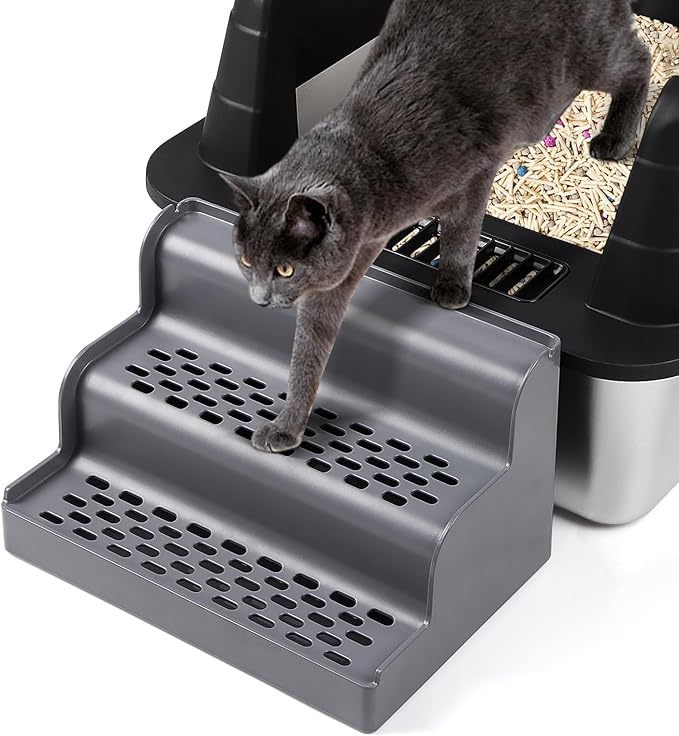 Cat Litter Box Ramp, 3-Step Cat Step for Litter Box with Filter Function, Removable Tray, Washable and Easy to Clean, Filter Pedal Stair for Kitten & Elderly Cats (Dark Grey)