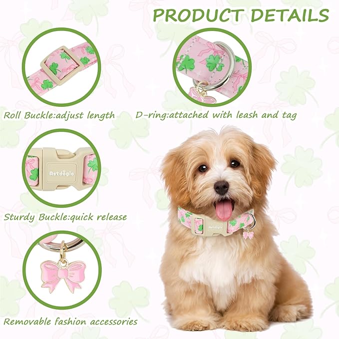 St. Patrick's Day Dog Collar,Pink Bow with Green Clover Puppy Collar,Adjustable Spring Cotton Collars Gifts for Small Medium Large Dogs,Dog Accessories S