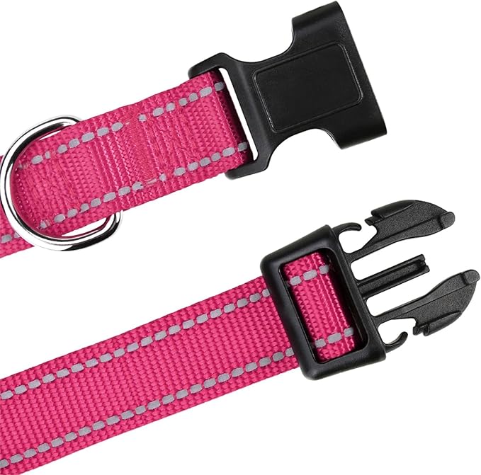TagME Reflective Nylon Dog Collars, Adjustable Classic Pet Collar with Quick Release Buckle for Extra Large Dogs, Hot Pink, 1¼" Width