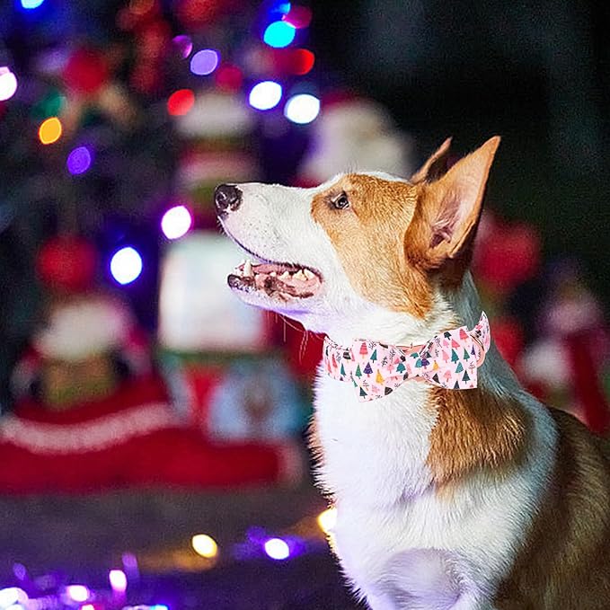 Christmas Dog Collar, Pink Christmas Tree Soft Comfortable Collars with Bow Adjustable Pet Collar with Premium Metal Buckle Puppy Necklace for X-Small Girl Dogs